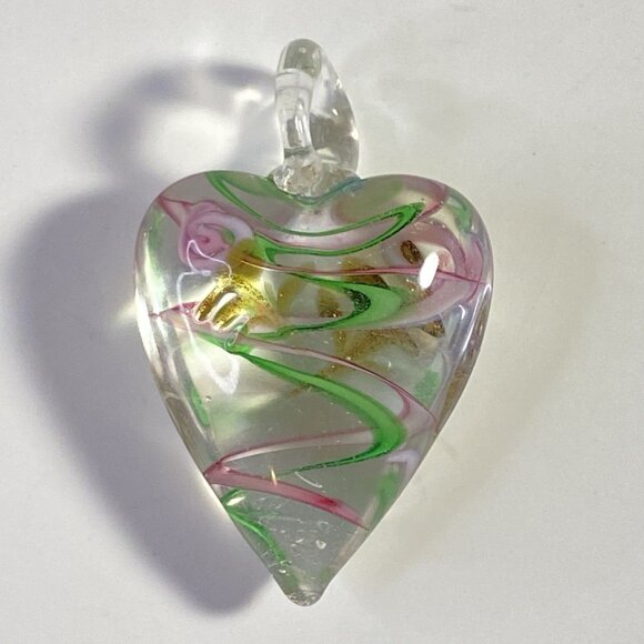 Artisan Hand Blown Glass Swirl Stripe Green Pink HEART Rose Pendant - Picture 1 of 6